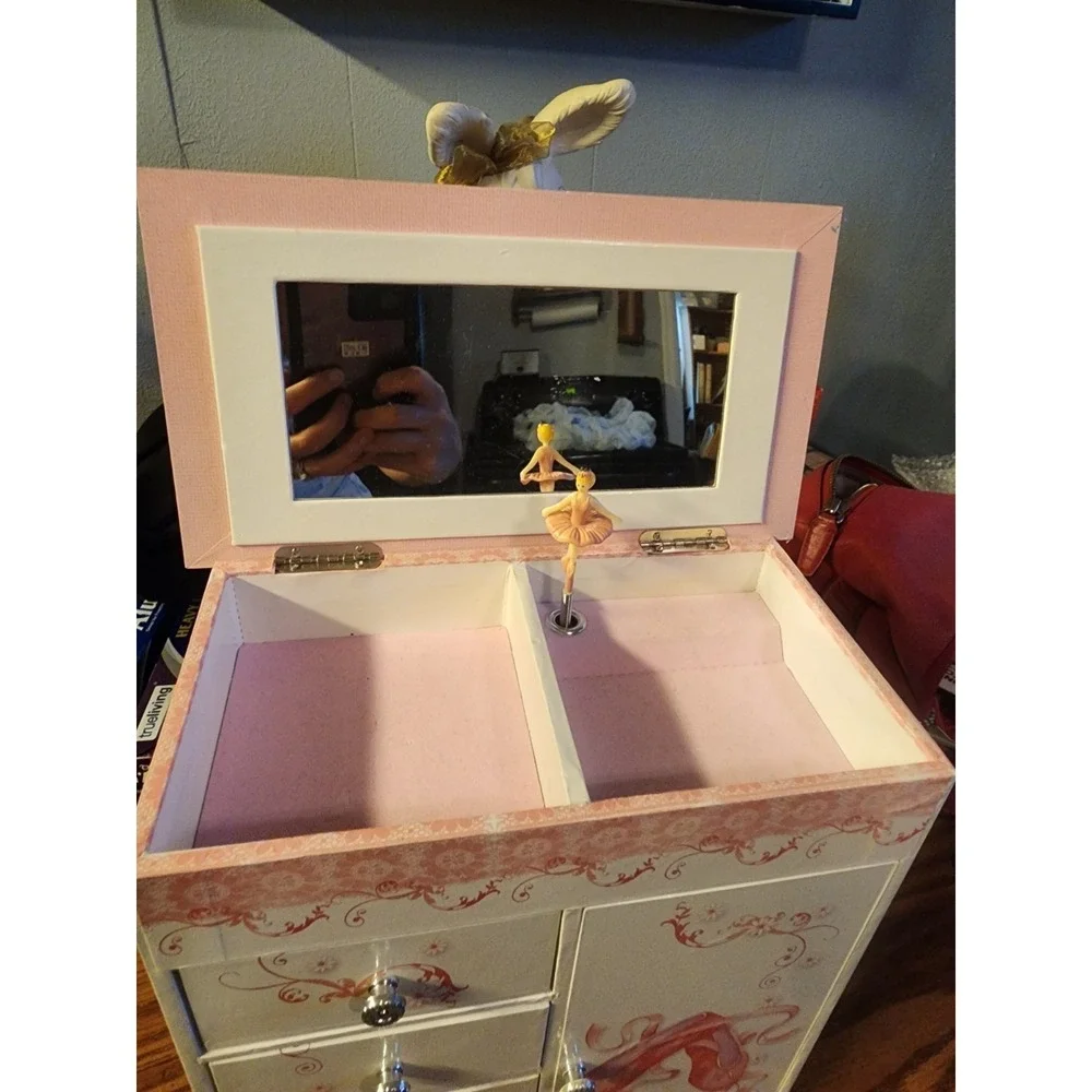 Mele Musical Ballerina Table Top Jewelry Box, Pink & White Armoire Style, Mirror